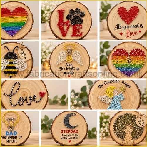 Handmade string art decoration on a natural wood log slice