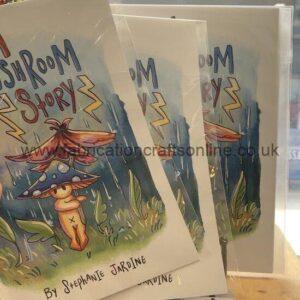 Front cover of a children's book titled 'Shroom Story' with a cartoon mushroom character in a blue forest; author Stephanie Jardine.