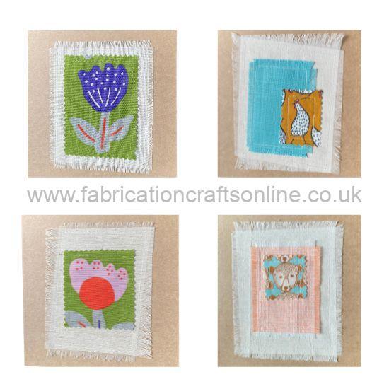 4 example square cards with layers of scrap fabric