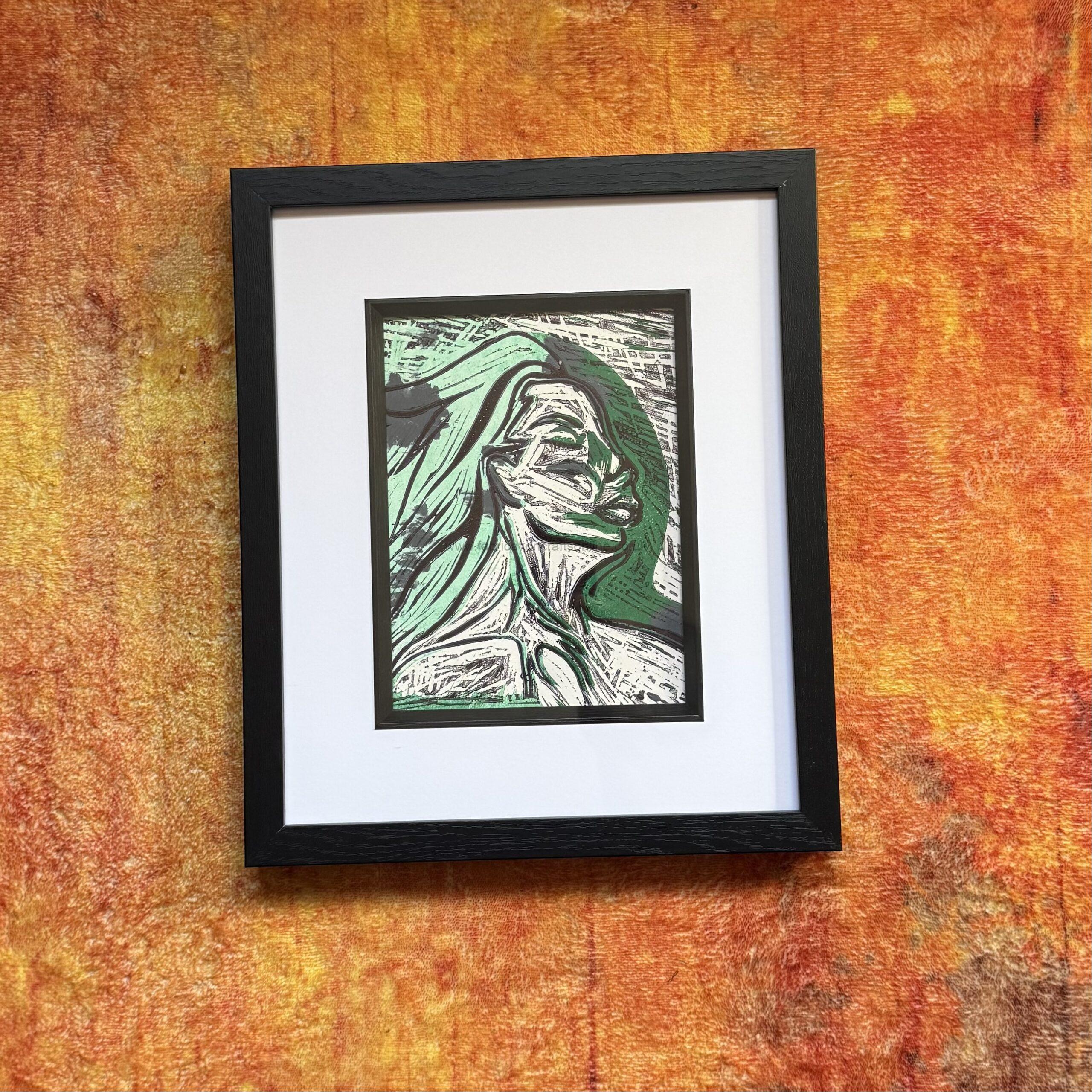 img held within original lino cut
original figurative artwork by alova exploring emotion inner experience and the things we carry within a bold expressive piece presented in a black frame with a white mount