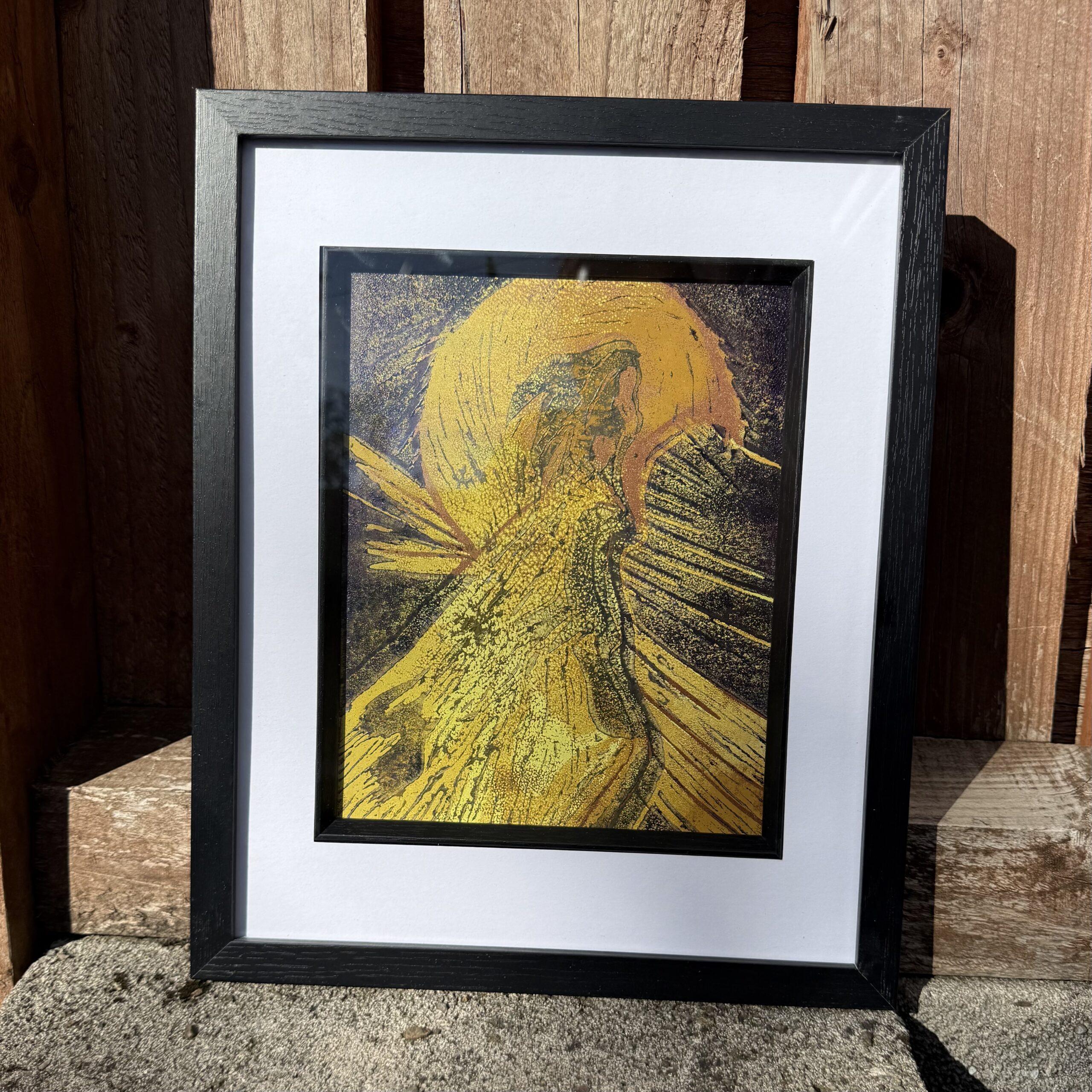 img original hand printed linocut exploring vulnerability self protection and inner strength an expressive piece presented in a black mounted inlay box frame