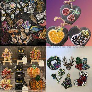 Collage of colorful mosaic crafts: intricate glass-pieced artwork, heart ornaments, pumpkin decorations, and assorted decorative pieces.