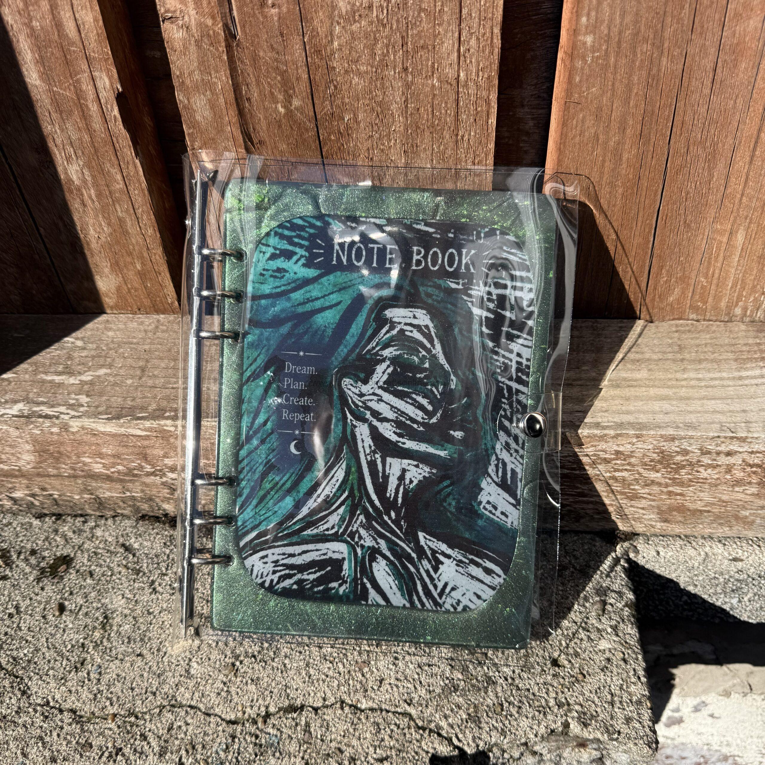 img handmade refillable notebook featuring original alova artwork with a decorative resin cover and ring bound design created for notes ideas plans and everyday inspiration