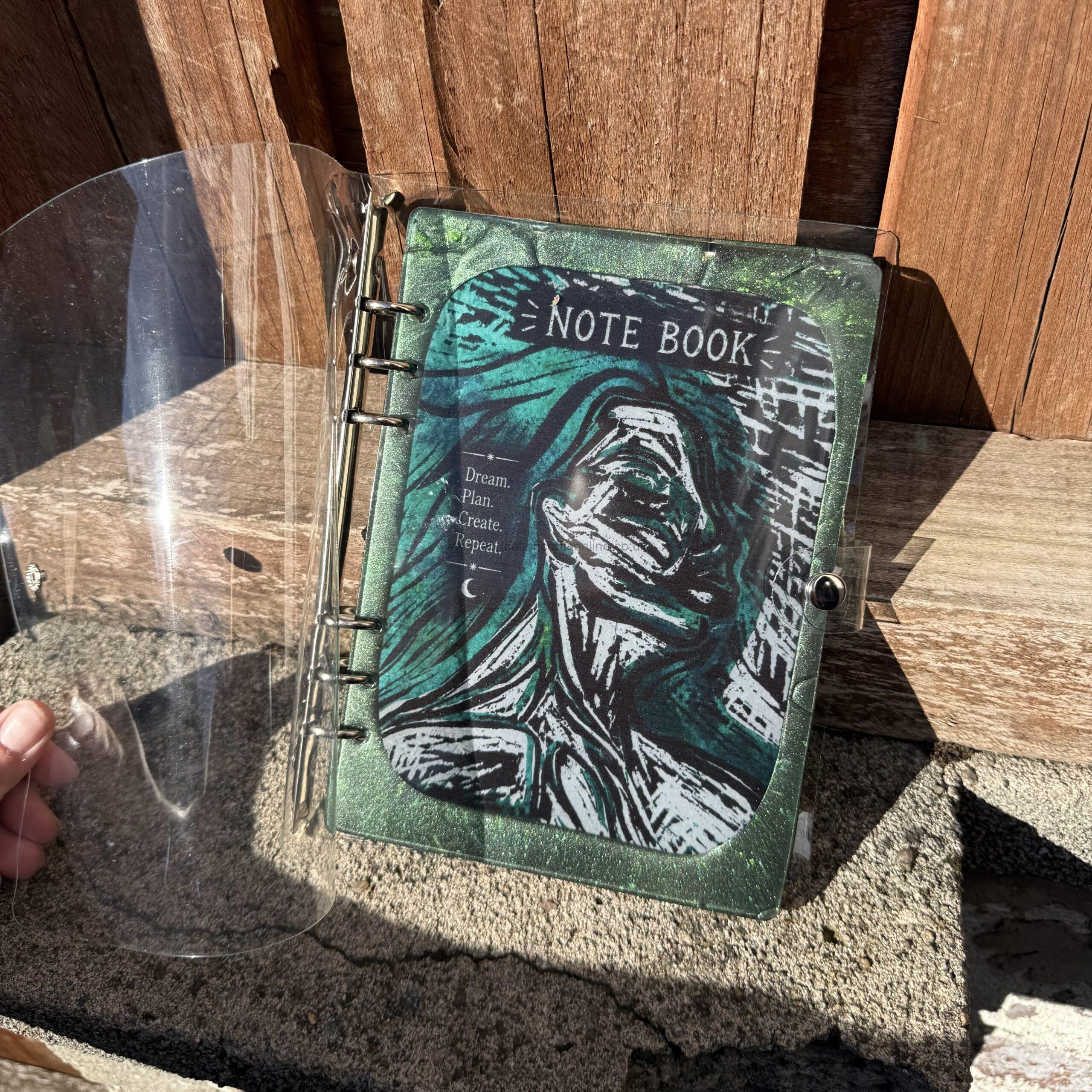 img handmade refillable notebook featuring original alova artwork with a decorative resin cover and ring bound design created for notes ideas plans and everyday inspiration
