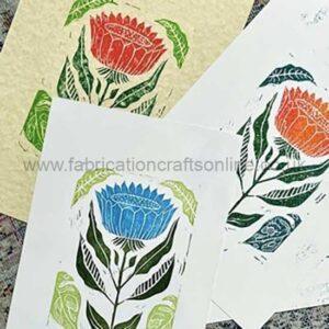 Colorful botanical prints on white cards showing stylized red, blue, and orange flowers with green leaves (watermarked).