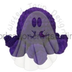 Purple plush ghost toy with white face and ruffled arms, a cute Halloween decoration.