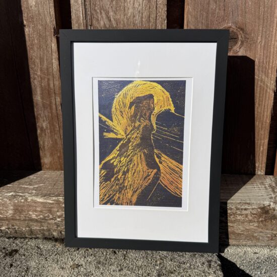 held within framed art print a framed reproduction of my original linocut artwork held within exploring inner strength vulnerability and the emotions we carry within presented in a black a frame with a white mount ready to display