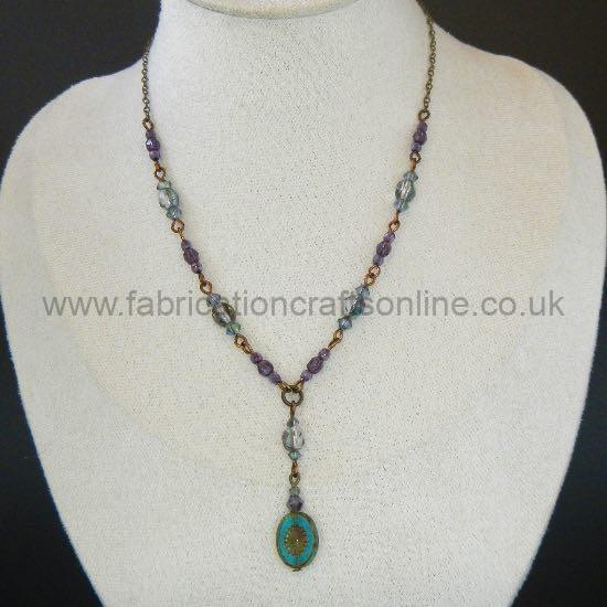 turquoise oval pendant green purple czech glass bead necklace with antique bronze chain and findings